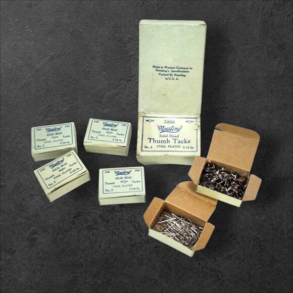 Lot of 6 Vintage Noesting Thumb Tacks Original Box West Germany USA Steel Read - Picture 1 of 9